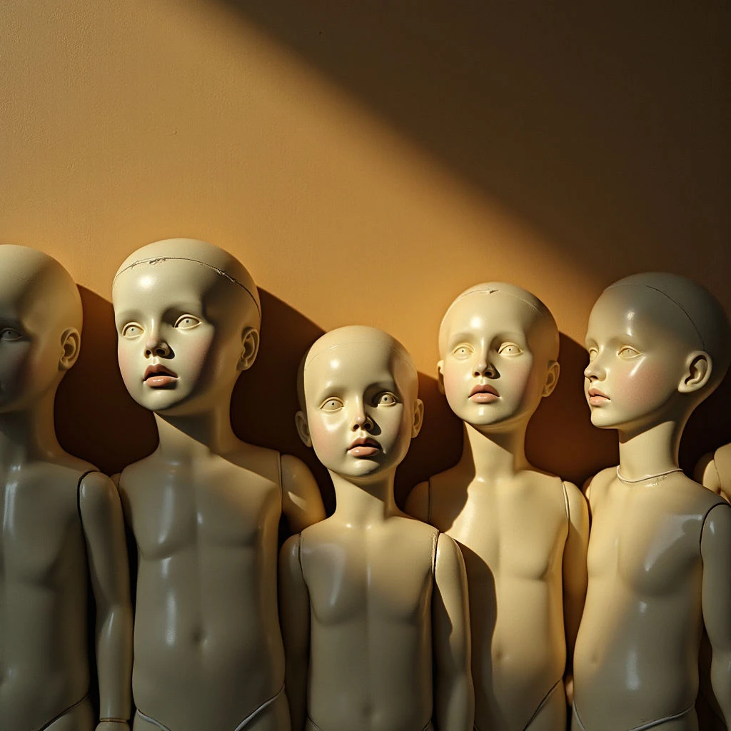 The image features a row of six pale, smooth mannequin heads against a warm tan wall. A strong directional light source casts shadows behind the heads, highlighting their rounded forms and creating variations in tone across their surfaces. The shapes are primarily oval and cylindrical, with a consistent height and alignment along a horizontal plane close to the viewer.