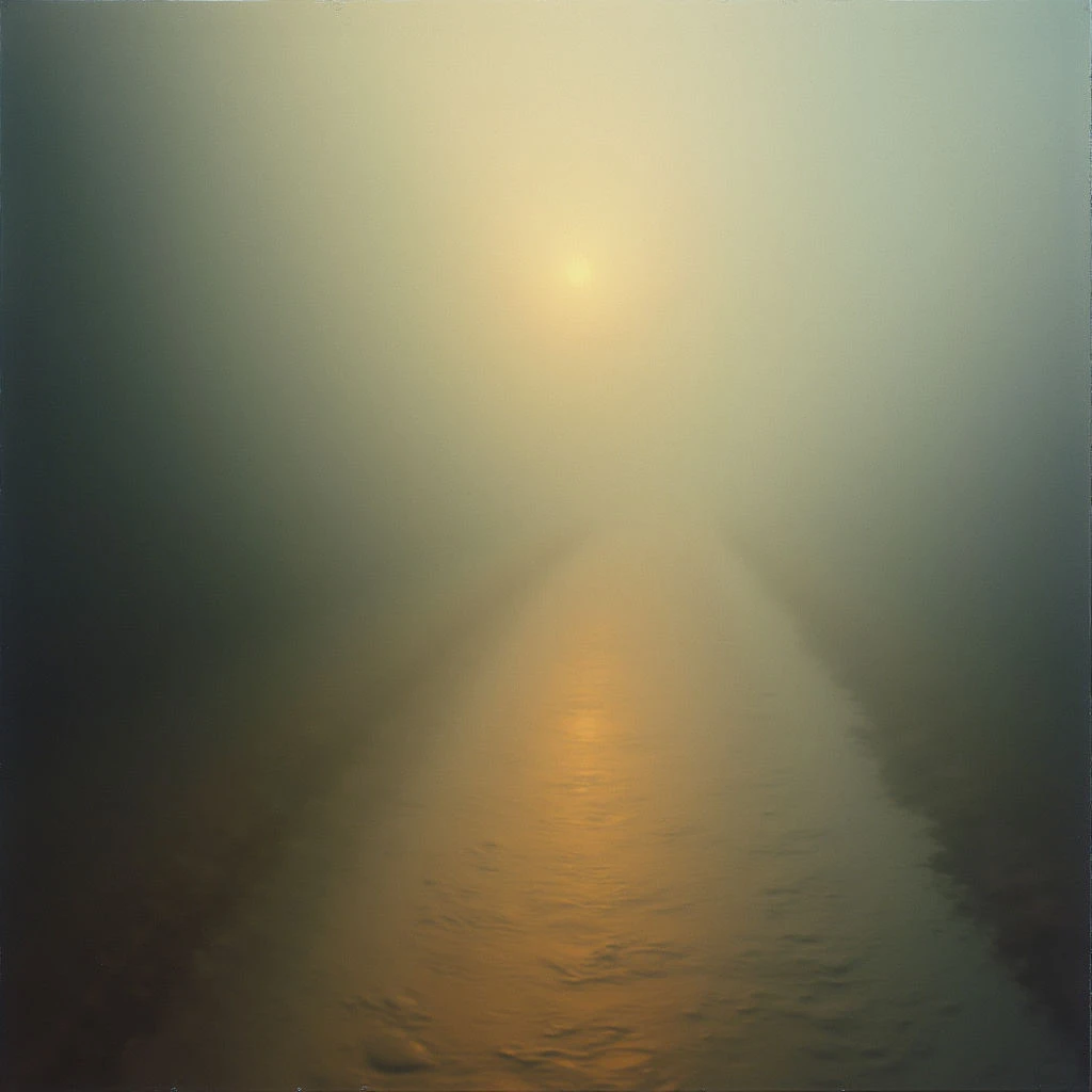 A hazy, golden light shines directly forward from a distant point, illuminating the water below. The surrounding atmosphere is muted and gray, with fog obscuring any details beyond the bright central glow. The reflection of the light creates a vertical path on the still water surface, drawing the eye towards an unseen horizon.