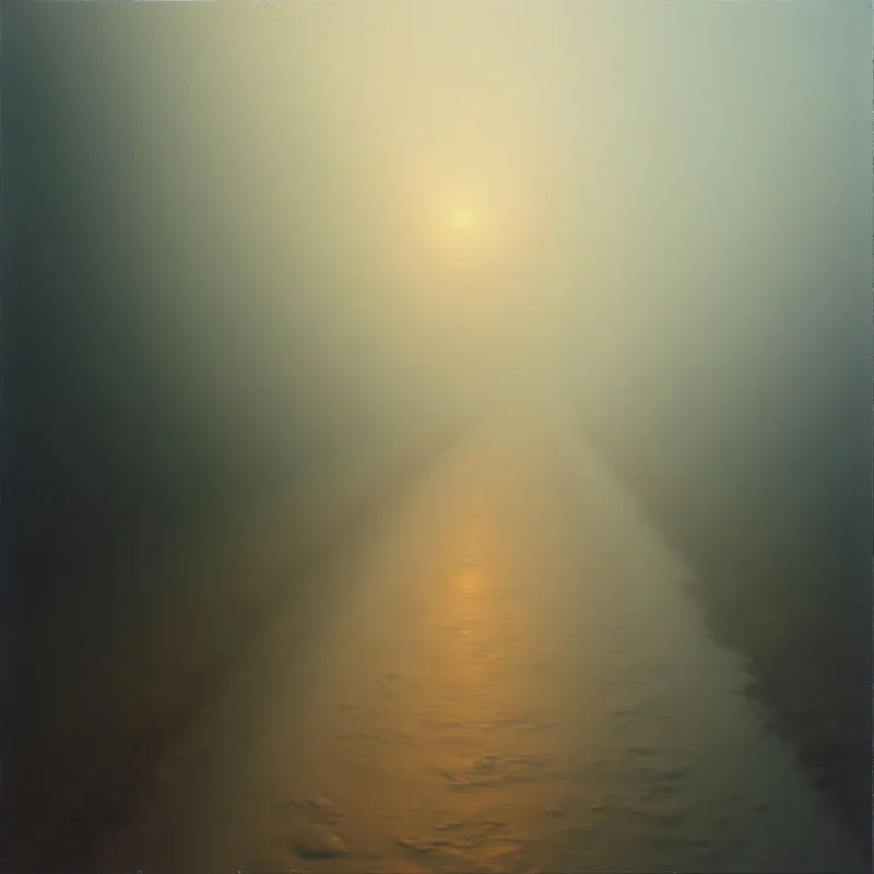 A hazy, golden light shines directly forward from a distant point, illuminating the water below. The surrounding atmosphere is muted and gray, with fog obscuring any details beyond the bright central glow. The reflection of the light creates a vertical path on the still water surface, drawing the eye towards an unseen horizon.
