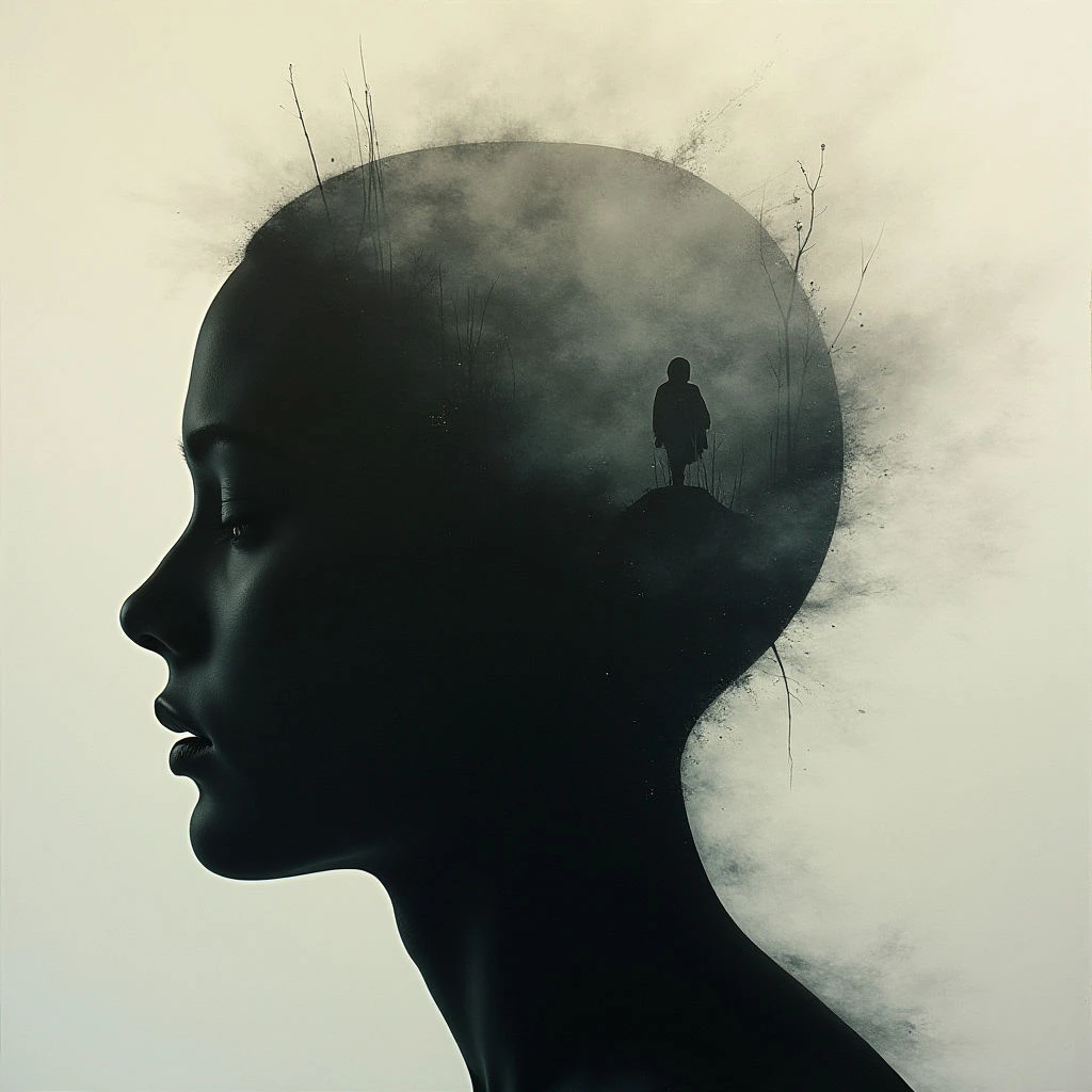 The silhouette of a woman's head contains a misty, dark landscape within its form. A lone figure stands on a small hill inside the shape of her skull, surrounded by bare trees. The overall tone is somber and suggests introspection or isolation.