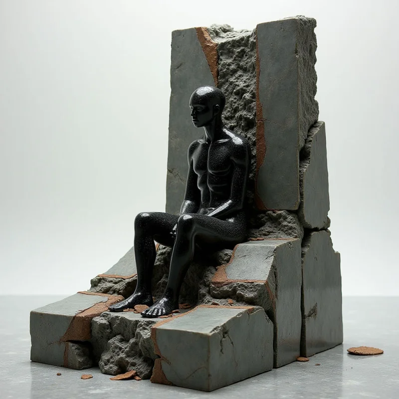 A glossy, black humanoid figure sits amidst a structure of jagged, grey stone slabs and reddish-brown fragments. The smooth, reflective texture of the dark form contrasts with the coarse, granular surfaces of the broken masonry. Bright, even light illuminates the scene against a neutral white background, emphasizing the spatial depth between the seated figure and the vertical ruins.