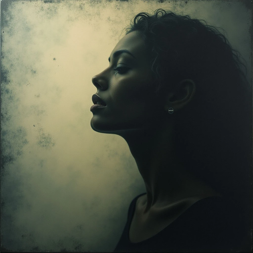 A woman with dark, curly hair is shown in profile, her eyes closed and face tilted upwards. She appears lost in thought or contemplation, bathed in soft light that highlights the curve of her nose and lips. The background is a muted, textured gray, adding to the overall somber mood.