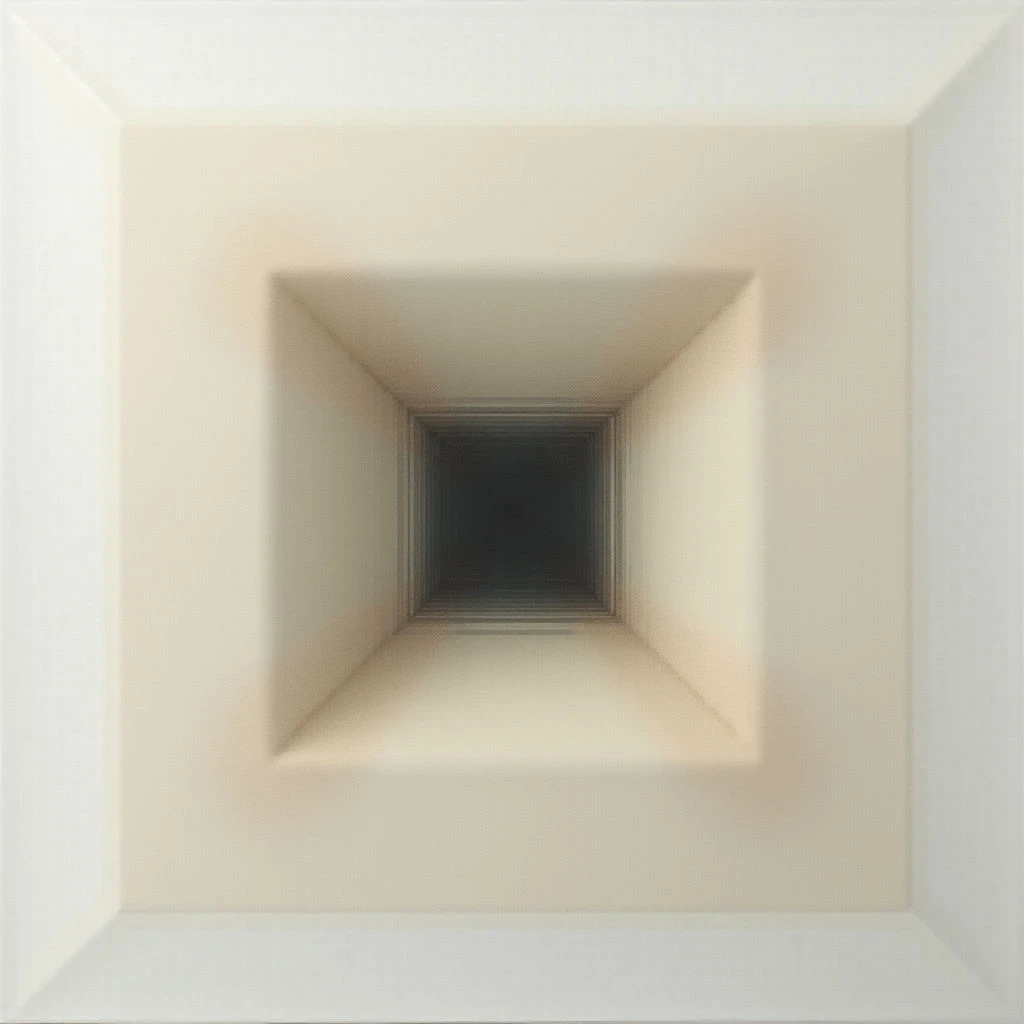 The image depicts a square opening receding into darkness, framed by pale walls. The tunnel-like space appears to stretch infinitely inward, with the edges becoming increasingly blurred as they vanish from view. It creates a sense of depth and perhaps even disorientation due to its symmetrical perspective.