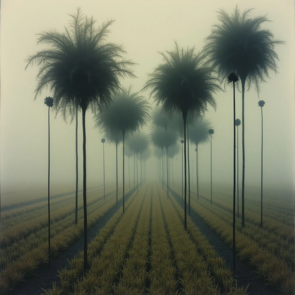 Rows of tall, slender trees with dense, rounded tops stretch into a hazy distance across a field. The ground is covered in neat lines of low-lying vegetation, and everything is bathed in a muted, pale green light. A thick fog obscures the far end of the field, creating an ethereal and somewhat surreal atmosphere.