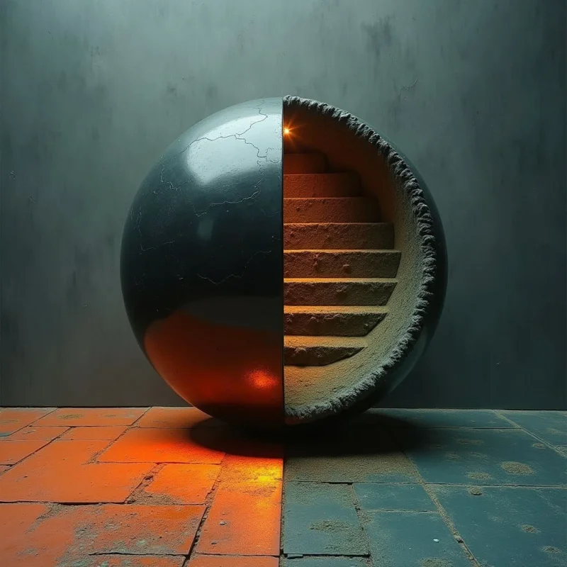 The image features a large spherical form bisected to reveal an interior staircase constructed of rough stone steps. One half of the sphere is smooth and dark teal with visible cracking, while the other appears eroded and sandy in texture. Warm orange light emanates from within the stairwell, casting reflections on the tiled floor which transitions from orange to teal beneath the sphere's base.