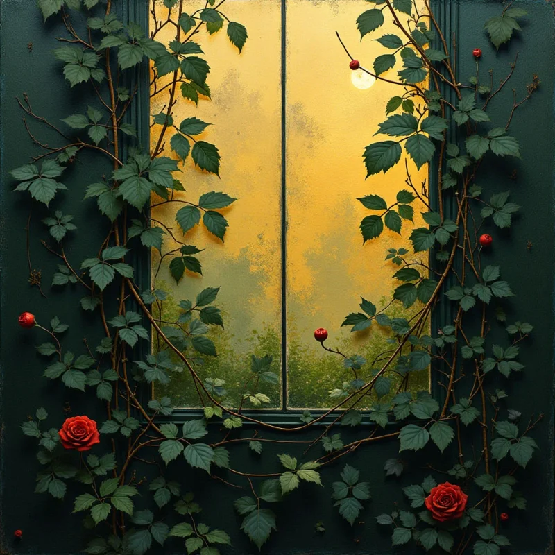 The image features a dark teal window frame densely covered in climbing vines with green leaves and small red berries, surrounding a view of a golden, hazy landscape. The texture appears smooth on the frame and glass, contrasting with the detailed foliage, while the background suggests soft forms obscured by light. A central, bright orb is visible within the distant scene, creating a focal point and source of illumination that extends outwards.