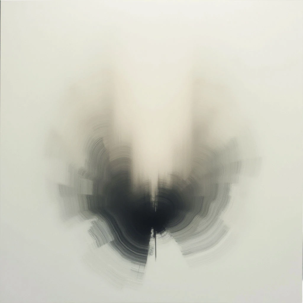 A dark, blurred shape dominates the center of a pale background, resembling an abstract vortex or expanding form. The edges of the shape are indistinct and feathered with varying shades of gray, creating a sense of motion and depth.  Multiple brushstrokes radiate outwards from a central point, suggesting energy and force.