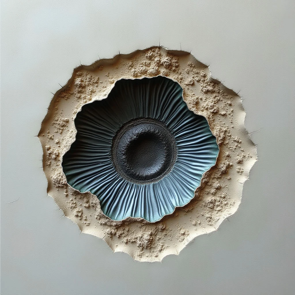 The image features a central circular form with concentric layers of contrasting materials and textures within a pale grey background. A dark teal, pleated structure occupies the inner circle, surrounded by a rough, tan-colored perimeter that appears eroded or fragmented. Soft, diffuse light highlights the folds of the interior element while casting subtle shadows around its edges, creating depth within the composition.