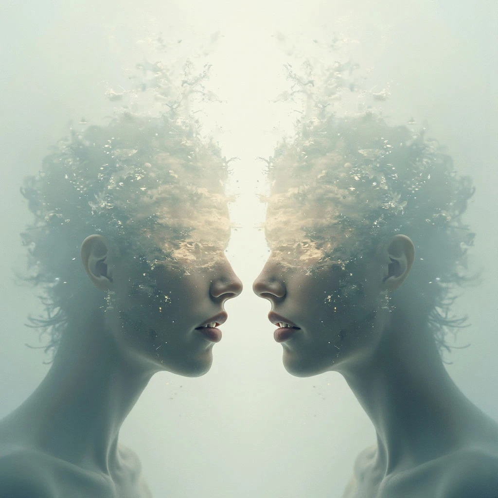 Two faces, nearly identical, stare directly at each other with closed eyes. Their heads seem to be dissolving into a cloud of shimmering particles, radiating bright light between them. The overall tone is ethereal and dreamlike, suggesting a connection or merging of identities.
