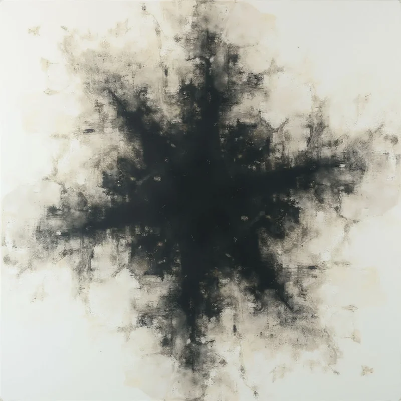 A dark, central mass dominates a light background, spreading outwards with blurred edges and varying intensity. The shape resembles an explosion or a blossoming form composed of smoky blacks and grays. Delicate washes and streaks radiate from the core, creating a sense of movement and depth on the otherwise plain surface.