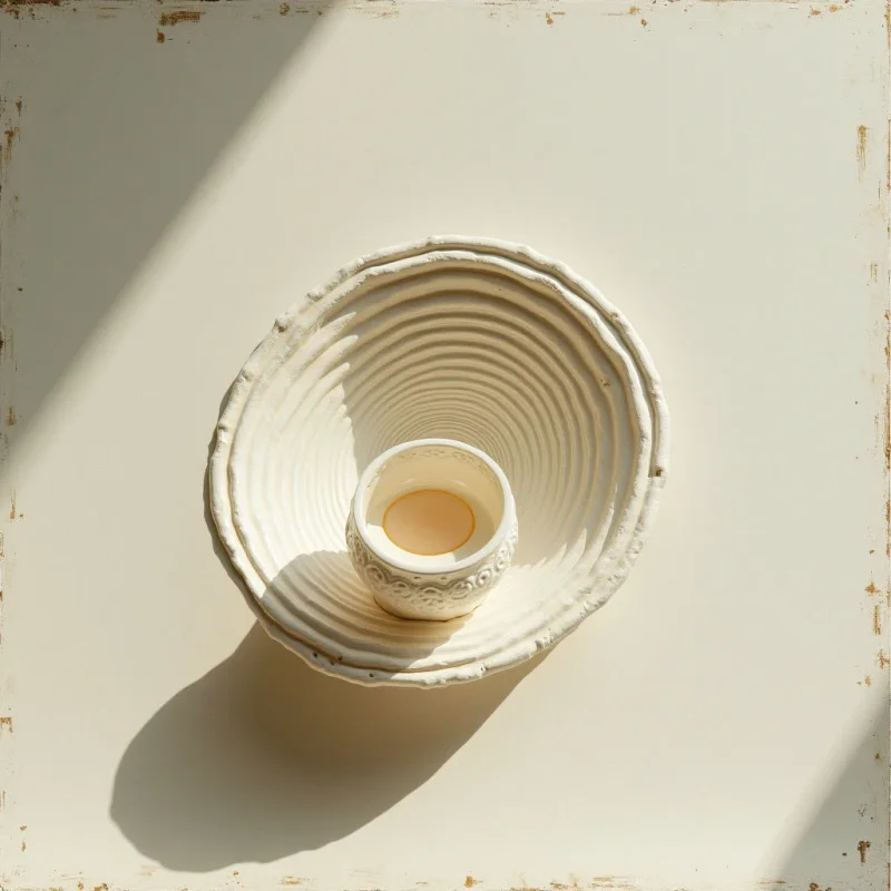 The image features a stack of four off-white ceramic vessels nested within each other, diminishing in size toward a small cup containing a pale yellow liquid. Light falls diagonally across the arrangement, creating strong shadows and highlighting the ribbed textures of the bowls’ surfaces and the embossed detailing on the innermost cup. The objects are positioned centrally on a flat, cream-colored plane with subtle variations in tone, establishing a clear foreground-background relationship.