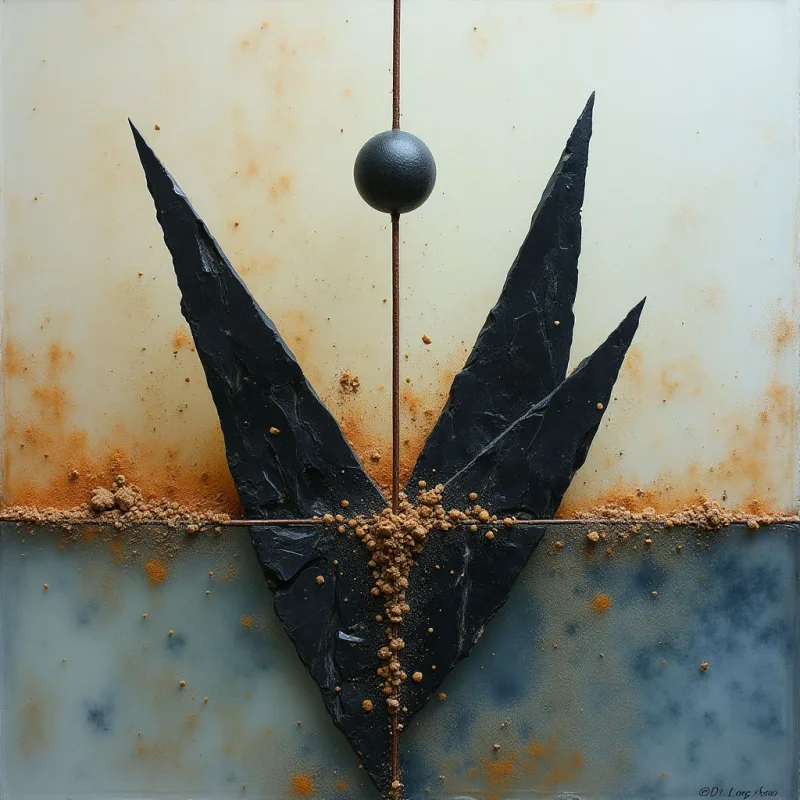 A central black, angular form with a rough, stone-like texture rises against a background divided into cream and blue horizontal sections by a line of coarse, ochre granules. A smooth black sphere sits atop a thin vertical line that bisects the composition, creating a sense of formal symmetry. Light appears even across the surface, highlighting the contrast between the sharp edges of the dark shape and the granular texture of the earth-toned particles.