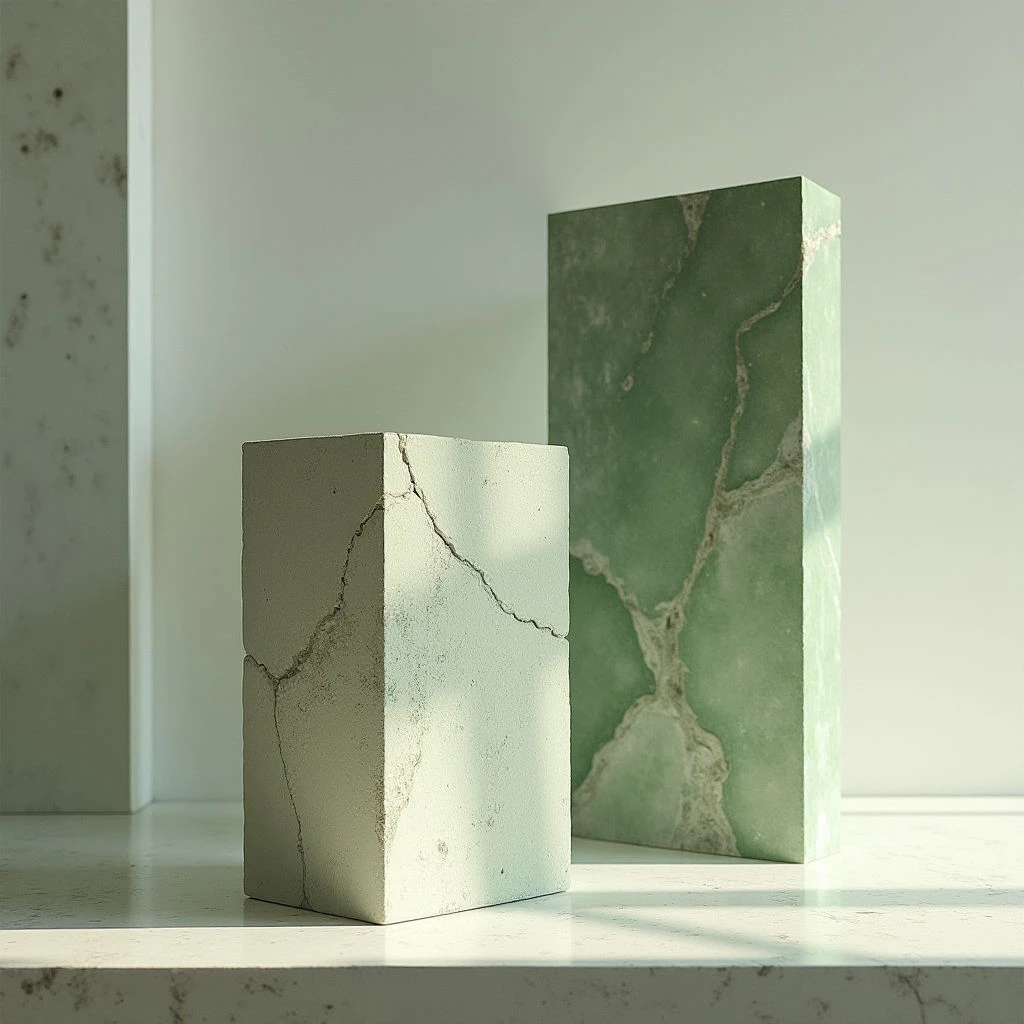 Two rectangular prisms dominate the frame, one pale green and smaller in scale, positioned slightly forward of a taller, darker green form. Both structures exhibit cracked surfaces with lighter striations running through them, contrasting against a smooth, neutral-toned backdrop and base plane. Soft light falls across the scene, creating gradients on the forms and casting subtle shadows that define their presence within the space.