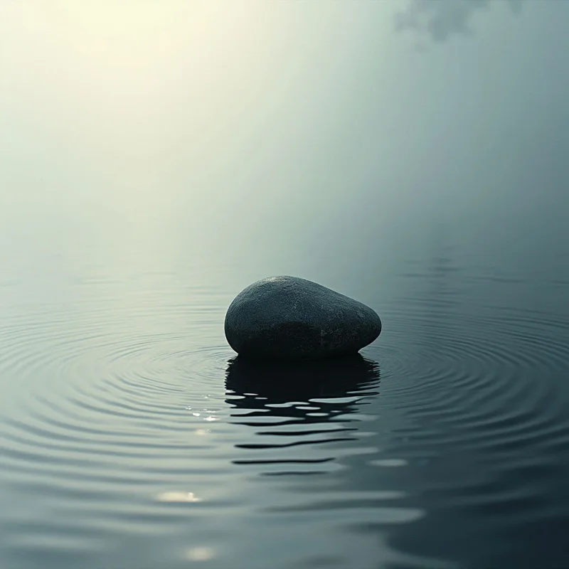 A smooth, dark stone rests on the surface of calm water. Concentric ripples spread outwards from where it touches the liquid, disturbing the otherwise still reflection above. The overall tone is muted and peaceful, with a soft gradient in the sky behind the water.