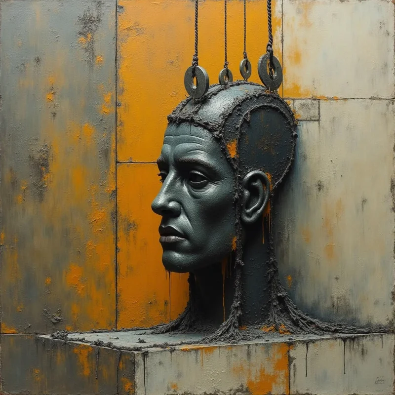 A dark, sculpted human profile is suspended by thin cables attached to metal rings against a gridded background of weathered gray and ochre panels. The composition features rough, earthy textures and organic, flowing lines that contrast with the rigid, rectangular shapes of the backdrop. Light falls from the side, casting deep shadows within the facial contours and highlighting the granular, pitted surfaces of the sculpture and walls.