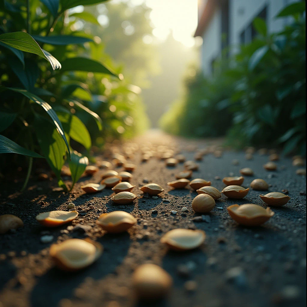 A narrow asphalt path is covered in scattered, broken nut shells leading towards a bright light at the end. Lush green plants line both sides of the path, their leaves casting long shadows across the ground. A glimpse of a white building can be seen further down the lane, bathed in warm sunlight.