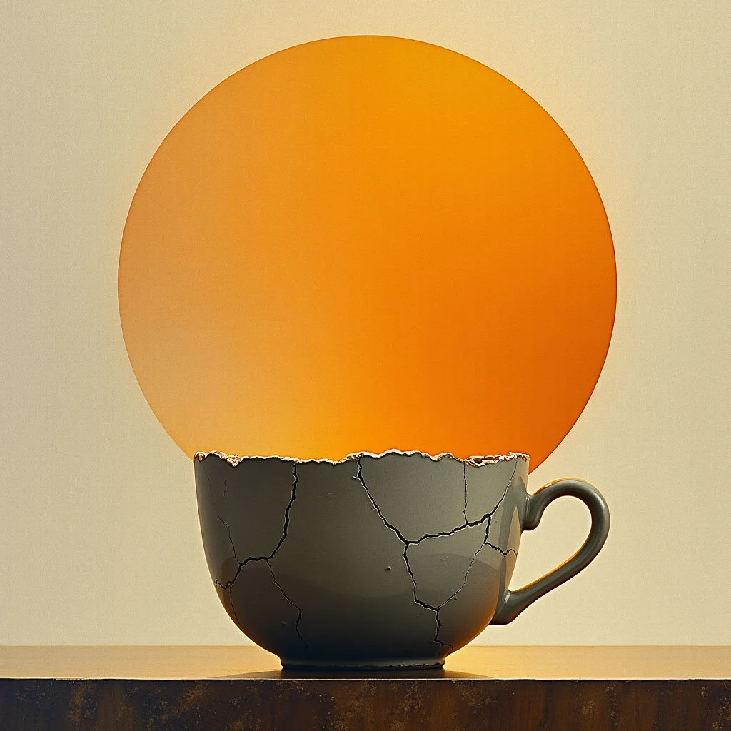 The image features a cracked ceramic cup holding a large, solid orange sphere. The background is a gradient of warm beige tones, while the cup itself exhibits a network of fine fissures across its surface and rests on a reflective brown plane. Light appears to emanate from within the orange sphere, casting subtle shadows on the surrounding surfaces and highlighting the texture of the broken ceramic.
