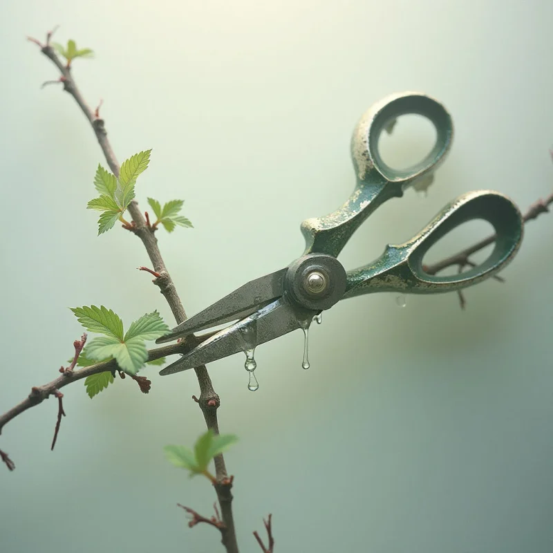 A pair of aged, green scissors is poised to cut a delicate branch with fresh leaves. Droplets cling to the blades, suggesting a recent or imminent severing. The soft, muted background emphasizes the vulnerability of the plant against the sharp metal tool.