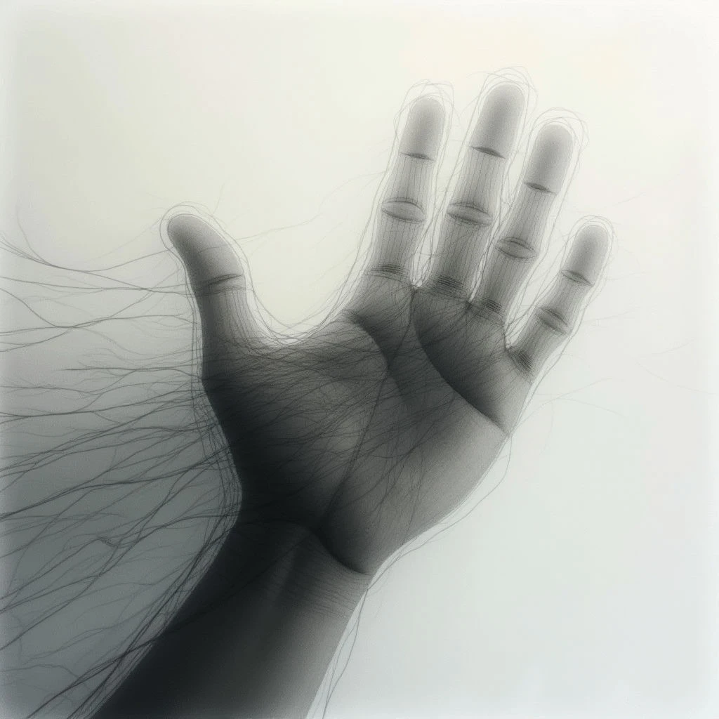 A dark hand is outstretched, palm up against a pale background. Fine lines radiate outward from the hand and fingers like sketched energy or dissolving trails. The image has a ghostly, ethereal quality with its muted tones and delicate details.