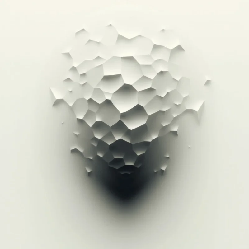 A cluster of faceted, geometric shapes appears to be bursting from a smooth, pale surface. The forms are lighter at the top and gradually darken towards a central shadow, creating an illusion of depth.  The overall effect is abstract and suggests something emerging or dissolving into nothingness.