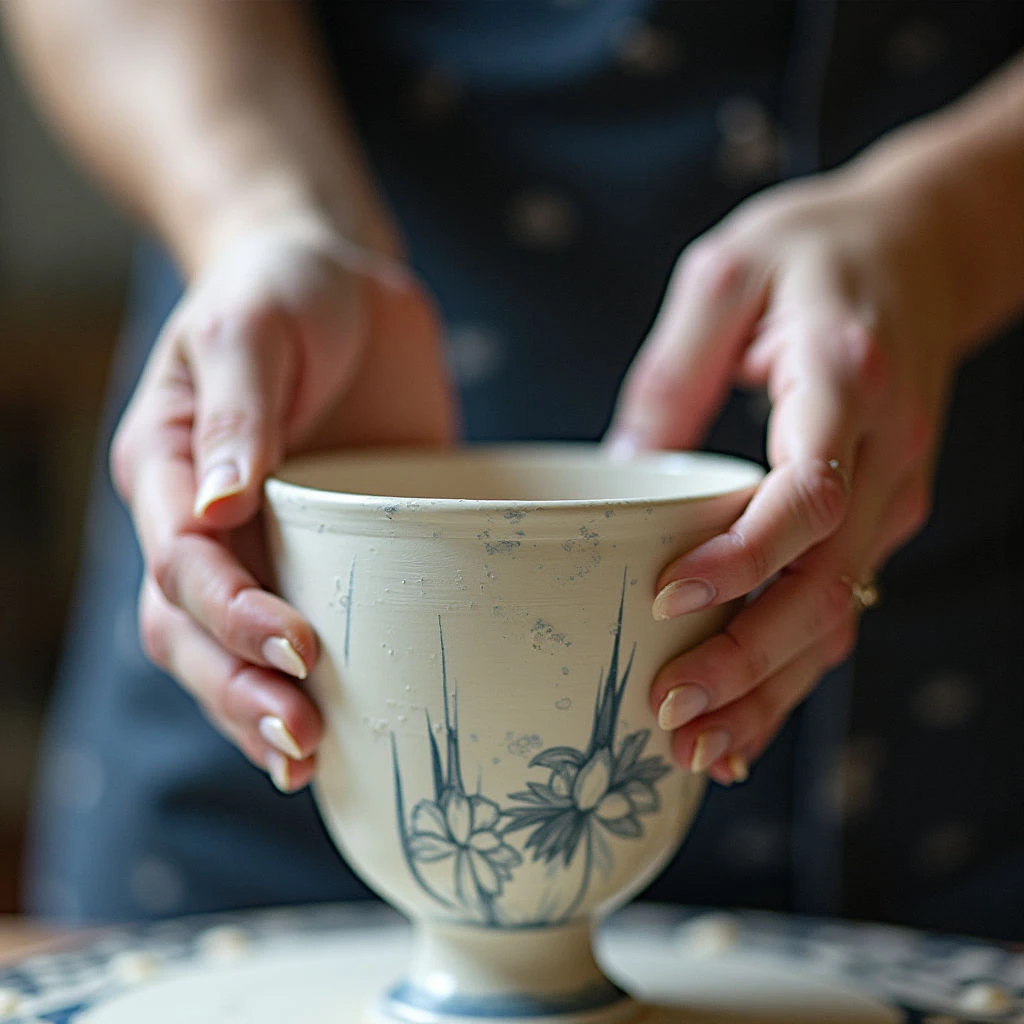 A pair of hands gently cradle a rounded, off-white ceramic vessel. The cup is decorated with delicate black floral designs around its lower half. It appears to be freshly made and held for inspection or further work.