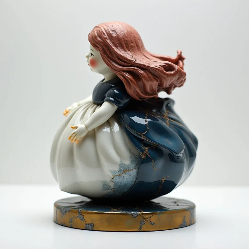 The sculpture features a predominantly cool color palette of blues and whites contrasted by warm reddish-brown hair and gold accents. Smooth, glossy surfaces define the figure’s dress and skin, while textured areas appear on the base and within cracks that run across the form. The composition centers on a rounded, seated shape resting on a rectangular pedestal, with soft light creating gentle shadows and highlighting the curvature of the sculpture.
