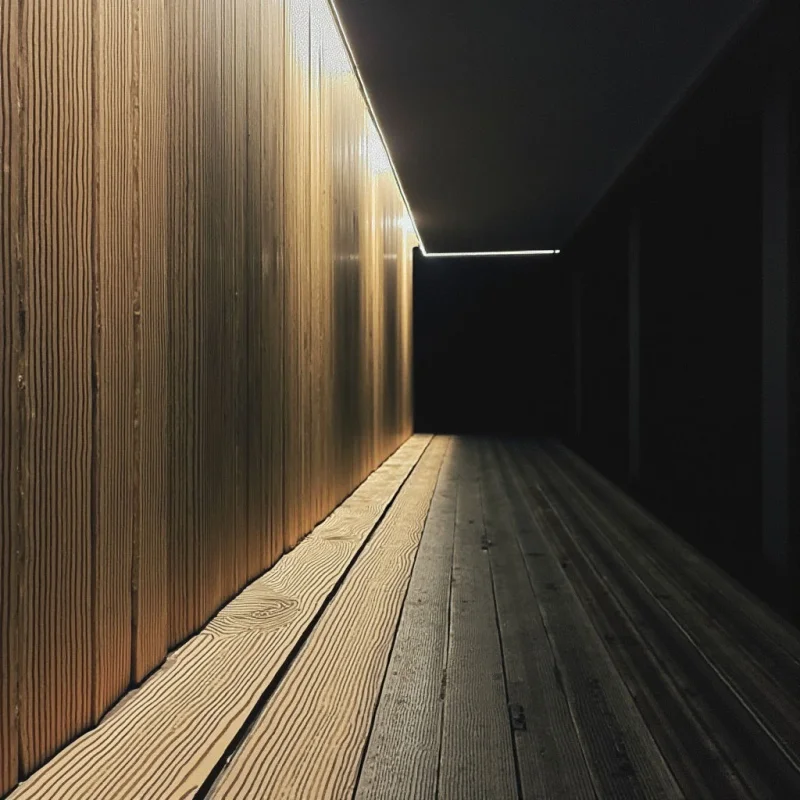 A long, narrow corridor stretches into darkness, defined by wooden walls and flooring. Warm light emanates from a strip along the left wall, gradually fading as it recedes toward a distant, brighter glow at the end of the passage. The space feels enclosed and minimalist, leading the eye forward with an almost tunnel-like quality.