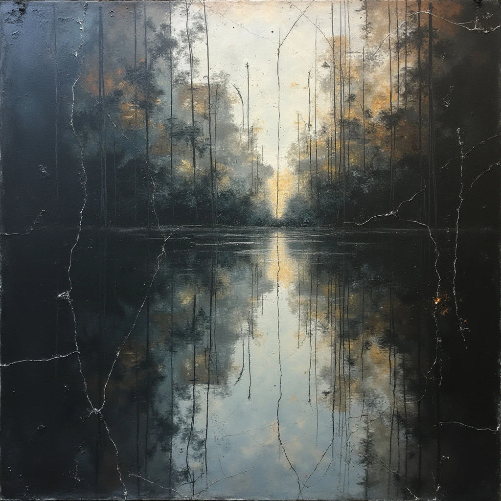 Tall, slender trees line the edges of a dark, still body of water, their reflections mirroring perfectly on the surface. A bright, hazy light filters through the trees in the distance, creating a golden glow that contrasts with the shadowy foreground. Cracks run across the composition like veins, adding texture and an aged quality to the scene.