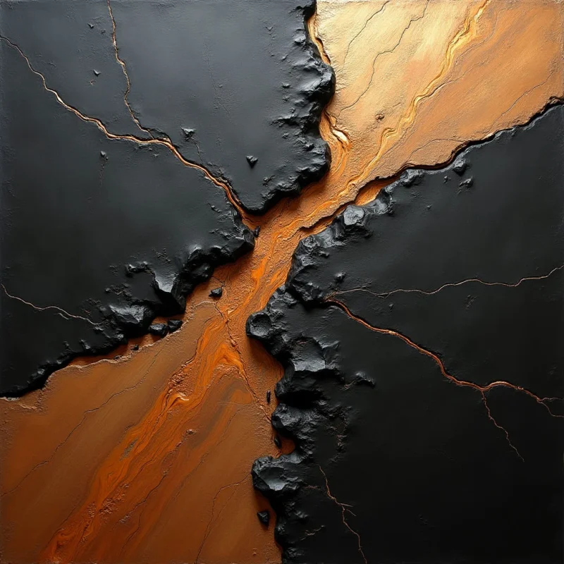 Deep black, matte masses with craggy, irregular edges divide a central flow of swirling copper and ochre tones. Fine, glowing orange lines trace cracks across the dark surfaces, contrasting with the fluid, marbled texture of the metallic channel. The composition features a high-contrast interplay between heavy, solid shapes and a luminous, flowing void that runs diagonally through the center.