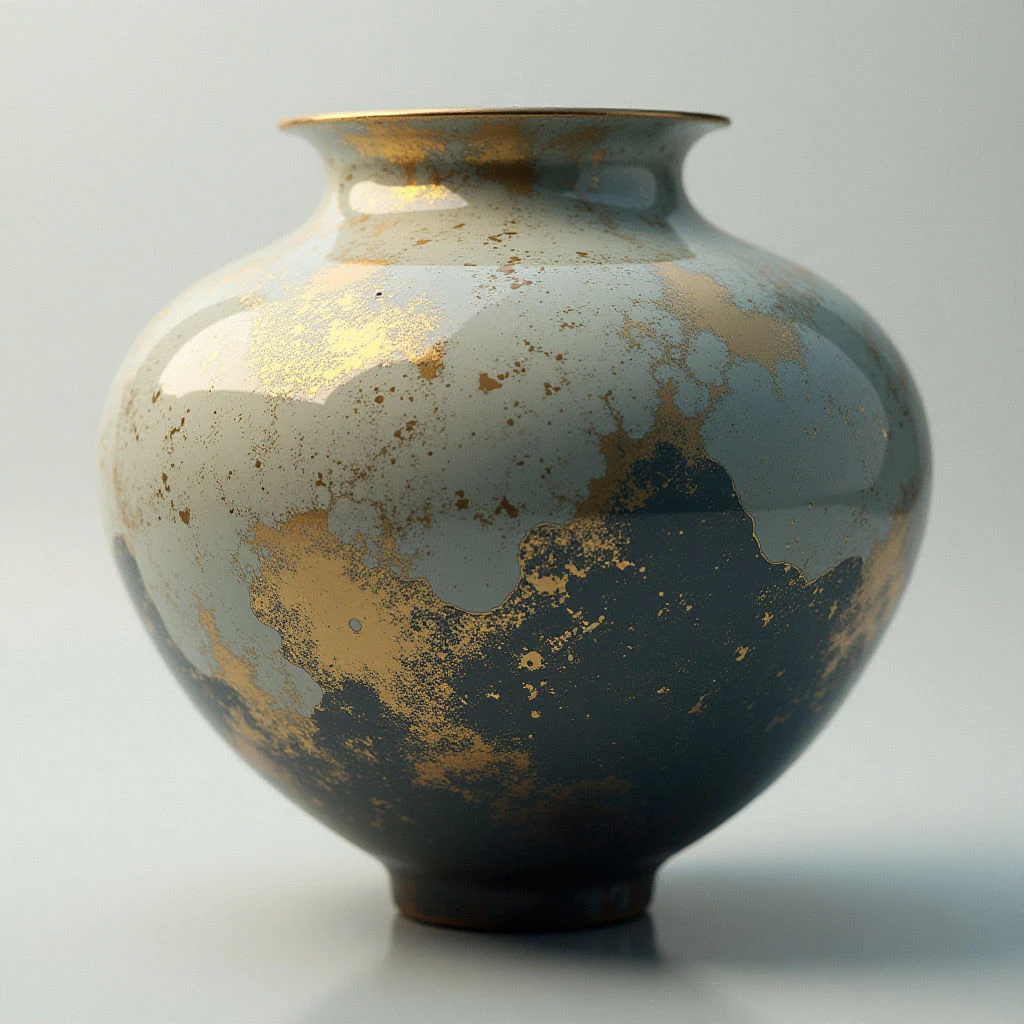 A rounded vase stands prominently against a neutral background, its surface a mix of muted gray and darker blue tones. Irregular patches of gold leaf accent the vessel, creating a cracked or aged effect across its form. The lip of the vase is trimmed with a band of solid gold, adding a touch of refinement to the otherwise weathered appearance.