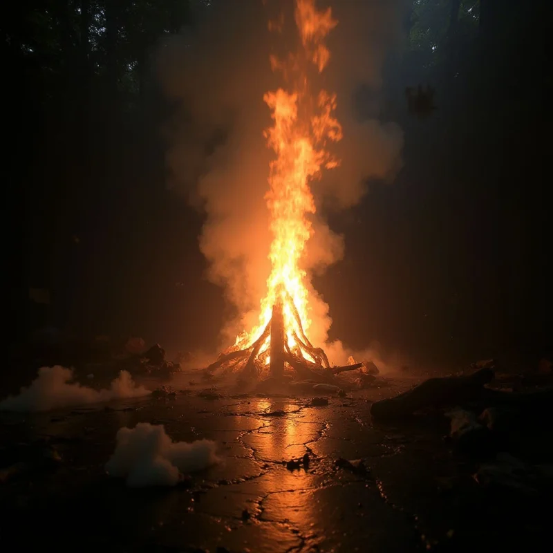 A massive bonfire blazes intensely in a dark, wooded area. Flames leap high into the night sky, surrounded by thick plumes of smoke that swirl and dissipate around scattered rocks and debris. The ground is cracked and reflects the fire's warm glow, with wisps of fog adding to the eerie atmosphere.