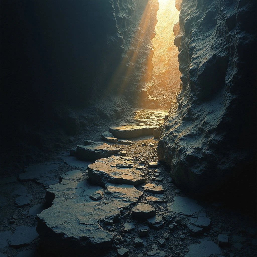 The image depicts a narrow canyon with rough, textured rock walls rising vertically on either side. A bright golden light source illuminates the end of the canyon, creating strong beams that descend and highlight the uneven stone floor below. Dark blues and grays dominate the shadowed areas, contrasting with the warm tones near the light, and shapes are largely angular and fragmented due to the fractured nature of the rock formations.