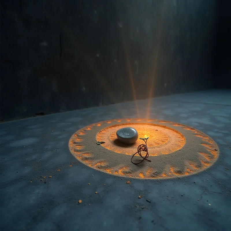 A single smooth, dark stone sits at the center of a glowing orange circular pattern etched into a textured gray surface. Beams of warm light radiate upward from the central arrangement, cutting through a dim, shadowy environment. The composition relies on the contrast between the rough, cool tones of the ground and the bright, granular texture of the luminous ring.