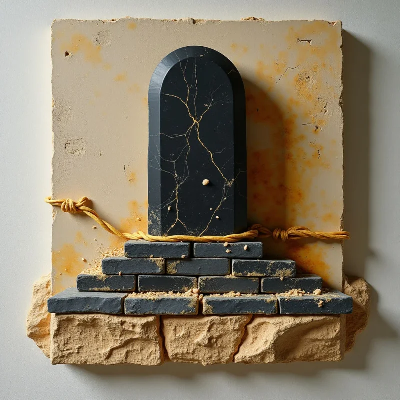The piece features a muted color palette dominated by beige and dark gray tones, with accents of rust-colored staining and small pale spheres. Rough, uneven textures contrast between the sculpted base—composed of brick and crumbling stone forms—and the smooth, polished surface of a central arched shape. A rope-like element winds across the composition, creating diagonal lines that intersect with the stacked bricks and highlight the depth between the foreground and background planes.