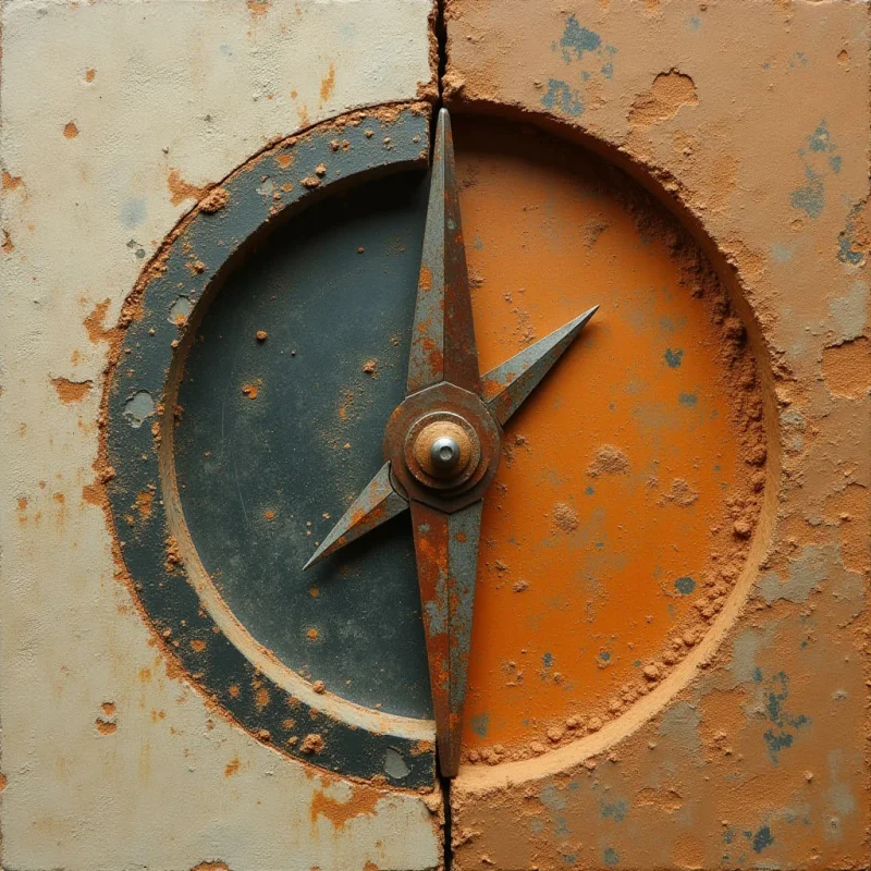 A weathered circular dial is split vertically between a pale cream side and an orange-brown side, featuring a central metallic needle with three pointed blades. The surface is heavily textured with patches of rust, grit, and peeling material that follow the contours of the circle. Light hits the object from the upper left, creating subtle shadows within the recessed grooves and highlighting the rough, granular edges.