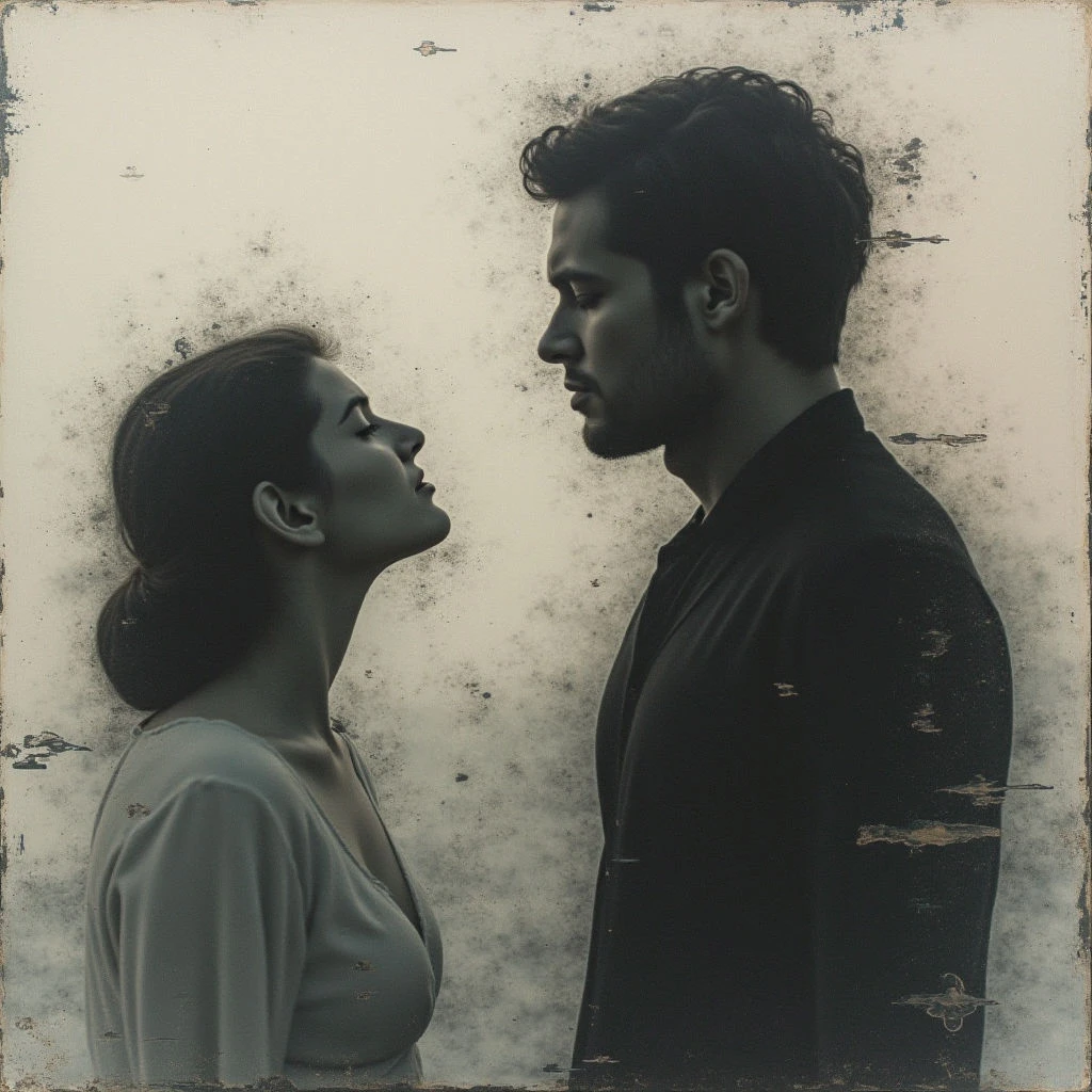 A man and a woman stand facing each other, nearly touching noses as they gaze upwards with intense expressions. They are both sharply profiled against a textured, faded background. The image has a somber, melancholic quality, suggesting a moment of longing or strained connection.