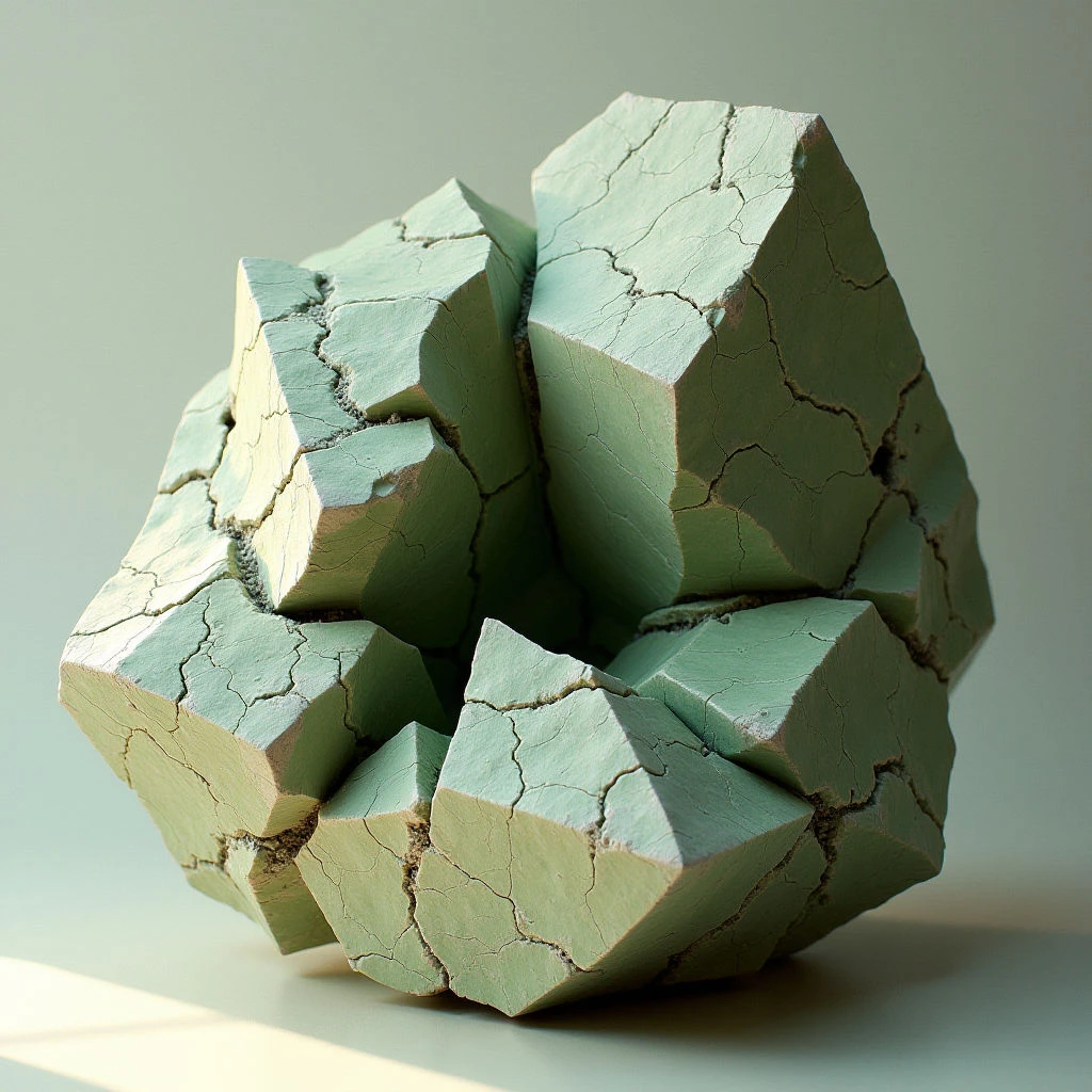 The image features a cluster of geometric forms in varying shades of pale green, set against a similarly toned background. The surfaces exhibit a cracked texture and are primarily composed of angular, block-like shapes that interlock and overlap. Soft light casts subtle shadows, defining the edges and suggesting depth within the arrangement while highlighting its three-dimensional form on a flat plane.