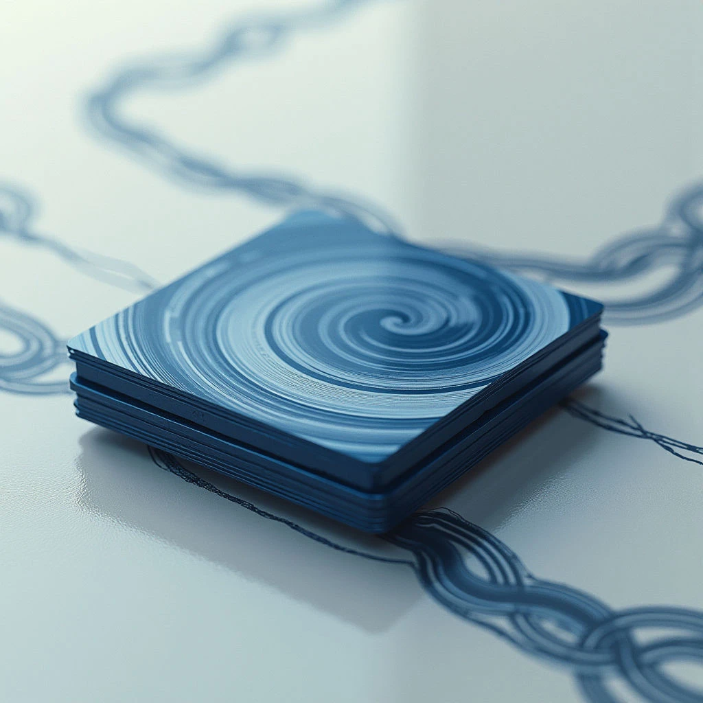 The image features a stack of square, blue layers with concentric spiral patterns emanating from the center of each. These layers rest on a pale surface marked with flowing, ribbon-like blue lines that contrast with the geometric forms above. Soft lighting creates subtle highlights and shadows, emphasizing the textures of both the stacked shapes and the flat plane below, while maintaining a shallow depth of field.