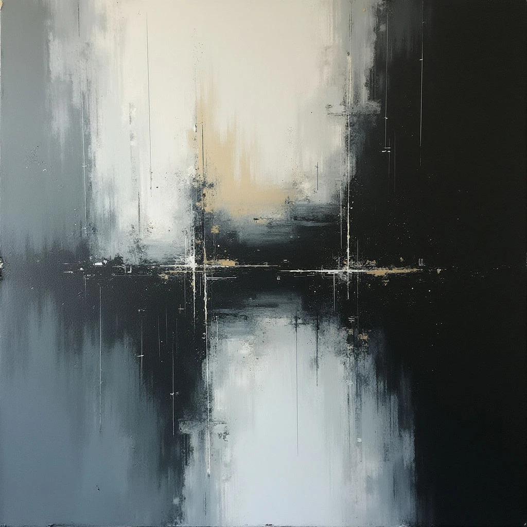 The image depicts an abstract composition of vertical, blended color blocks primarily in shades of gray, black, and cream. A lighter central area is bisected by a darker horizontal band with scattered gold flecks, creating a sense of depth and division. The overall effect is one of muted tones and subtle texture, resembling a shadowy reflection or atmospheric landscape.