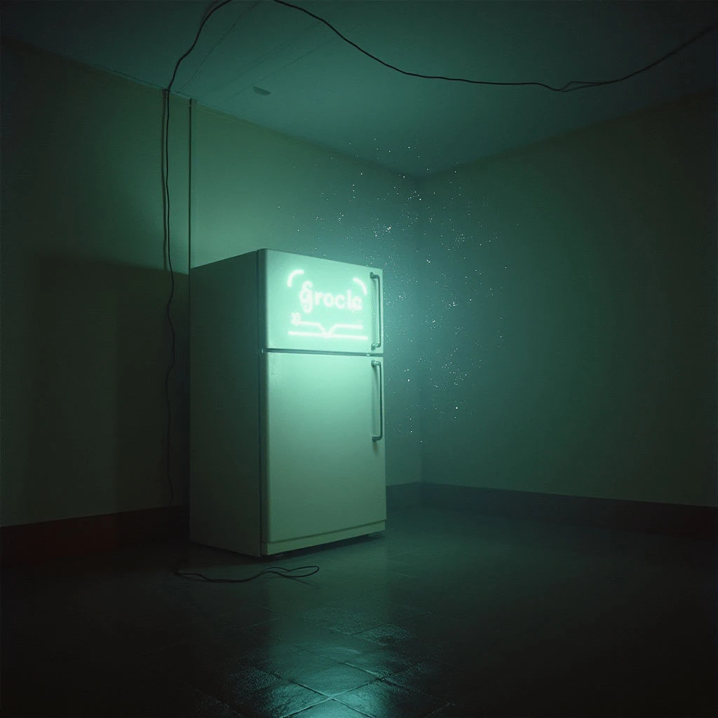 A vintage refrigerator sits alone in a sparsely lit, green-walled room. The fridge is illuminated by pink neon tubing that spells out the word 