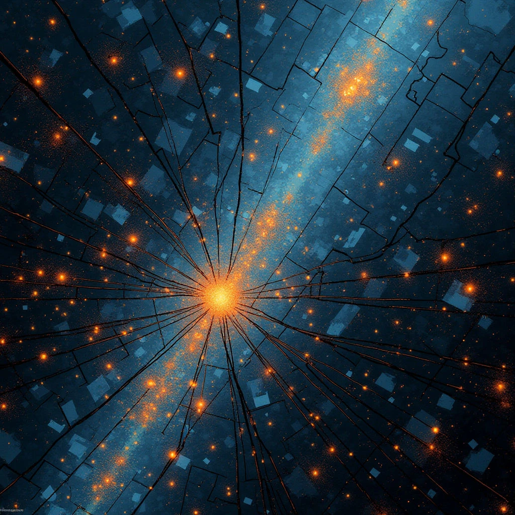 The image is dominated by shades of blue and orange, with a central bright point of warm yellow-orange radiating outwards. A network of dark lines resembling fractured glass or branching pathways extends from the center, interspersed with small rectangular shapes and scattered points of light. The composition has a strong radial symmetry, creating a sense of depth as elements appear to recede into the distance from a focused origin.