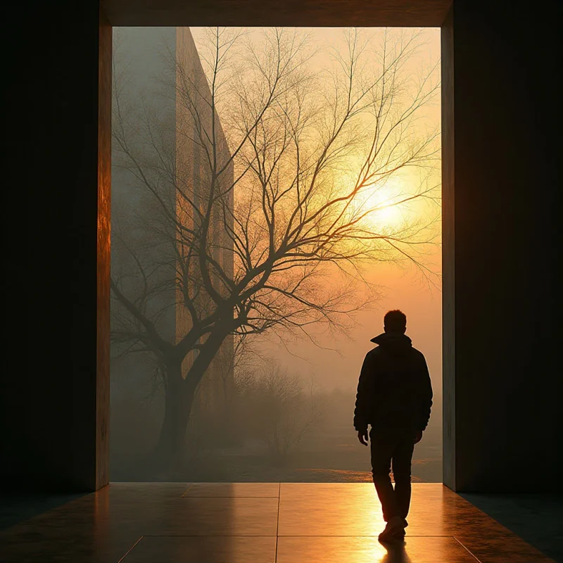 Warm tones of orange and gold dominate the image, contrasting with the dark silhouette of a figure and surrounding architectural elements. The scene features smooth, flat textures in the foreground floor and walls, juxtaposed against the organic branching shapes of trees visible through an open doorway receding into a hazy distance. A central sun emits light that creates strong shadows and emphasizes the spatial depth leading towards a blurred landscape.