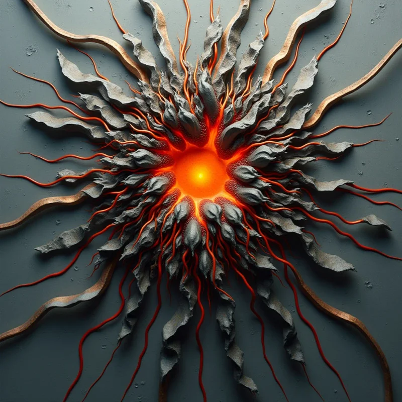A glowing orange core radiates outward through a radial arrangement of jagged, grey stone-like petals and thin, winding red filaments. The composition features a stark contrast between the smooth, matte grey background and the rough, porous textures of the central explosion. Light emanates from the center, casting soft shadows that define the depth and overlapping layers of the organic, spindly shapes.