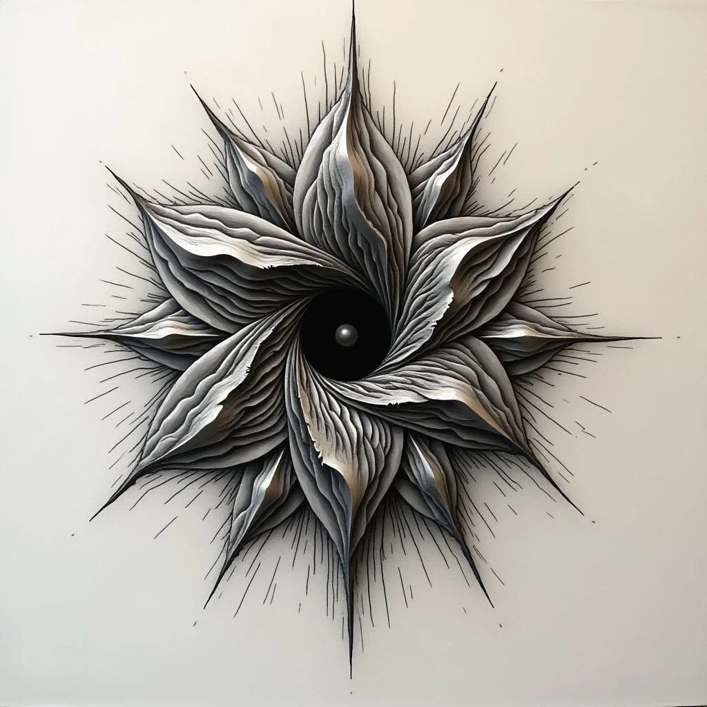 The image features a central spiral form rendered in shades of gray and black against a white background. The shape appears to be constructed from layered, petal-like elements that radiate outward from a dark core, with fine linear details extending beyond the main body. Light seems to emanate from within the spiral’s center, creating highlights along the curving surfaces and casting subtle shadows; the overall effect suggests depth and three-dimensionality despite being on a flat plane.