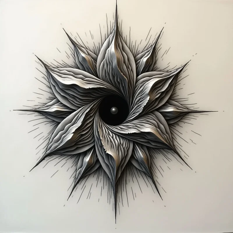 The image features a central spiral form rendered in shades of gray and black against a white background. The shape appears to be constructed from layered, petal-like elements that radiate outward from a dark core, with fine linear details extending beyond the main body. Light seems to emanate from within the spiral’s center, creating highlights along the curving surfaces and casting subtle shadows; the overall effect suggests depth and three-dimensionality despite being on a flat plane.