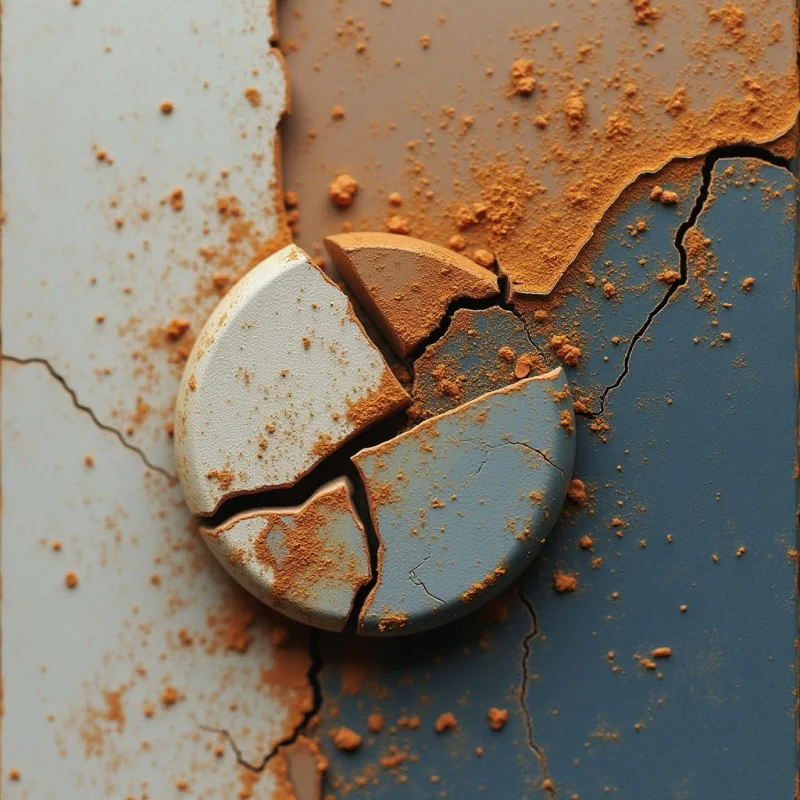 A fragmented circular disc sits atop a surface divided into three vertical sections of off-white, tan, and slate blue. The composition features jagged cracks running through both the disc and the background, accompanied by scattered patches of fine, orange-brown granular texture. Light is distributed evenly across the matte surfaces, emphasizing the irregular shapes and the layered spatial relationship between the broken elements.