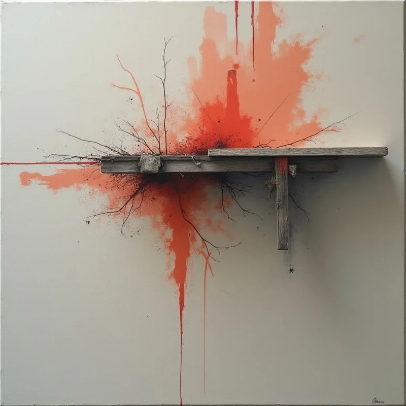 The image features a pale grey background with an arrangement of weathered wooden planks positioned horizontally across the center. Above and below the wood is a burst of reddish-orange paint splatters and drips, contrasting with thin, delicate branches extending from behind the structure. Light appears diffuse, creating soft shadows and highlighting the textures of both the rough wood grain and the fluid paint application.