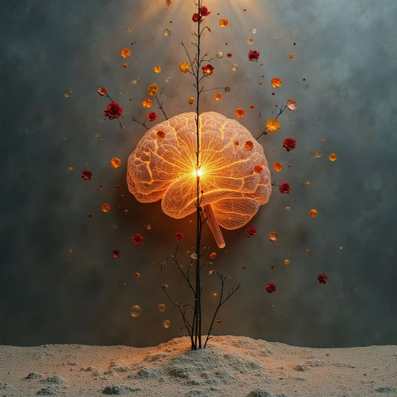 The image features a central form resembling a brain bisected by a glowing vertical line that extends downwards into a slender tree trunk with sparse branches and red roses. Warm tones of orange and red dominate the composition, contrasting with a cool gray background and pale sandy ground plane; scattered translucent spheres float throughout the space. Light emanates from within the brain-tree structure, casting highlights on surrounding elements and creating a sense of depth against the flat backdrop.