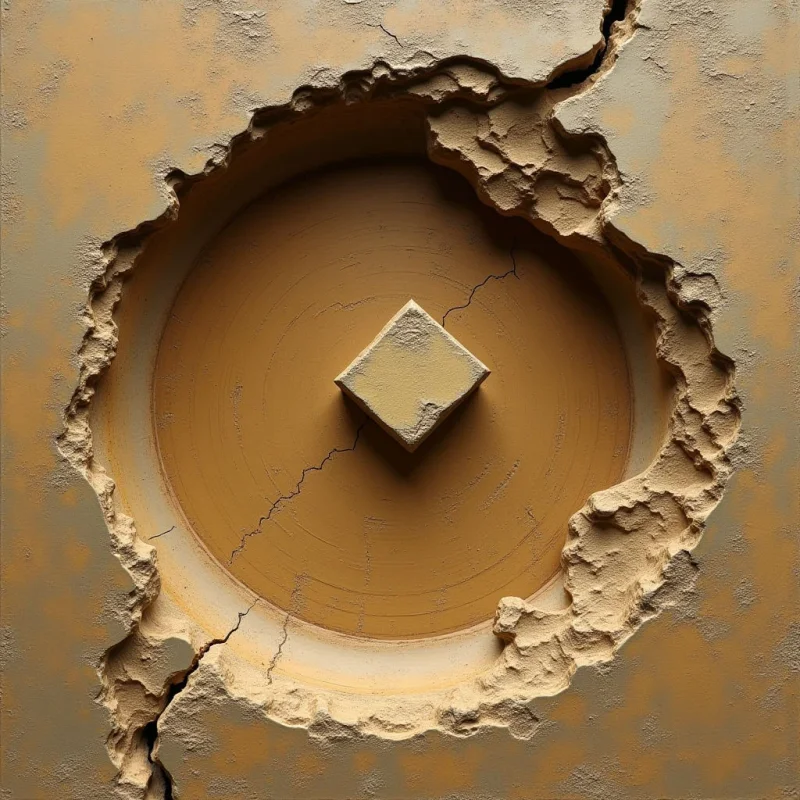 A central tan cube sits within a circular depression carved into a textured, sandy-colored surface. The composition features concentric circular ridges and jagged, irregular edges around the perimeter of the hollowed area. Light casts shadows that define the depth of the crater and the sharp angles of the geometric center.