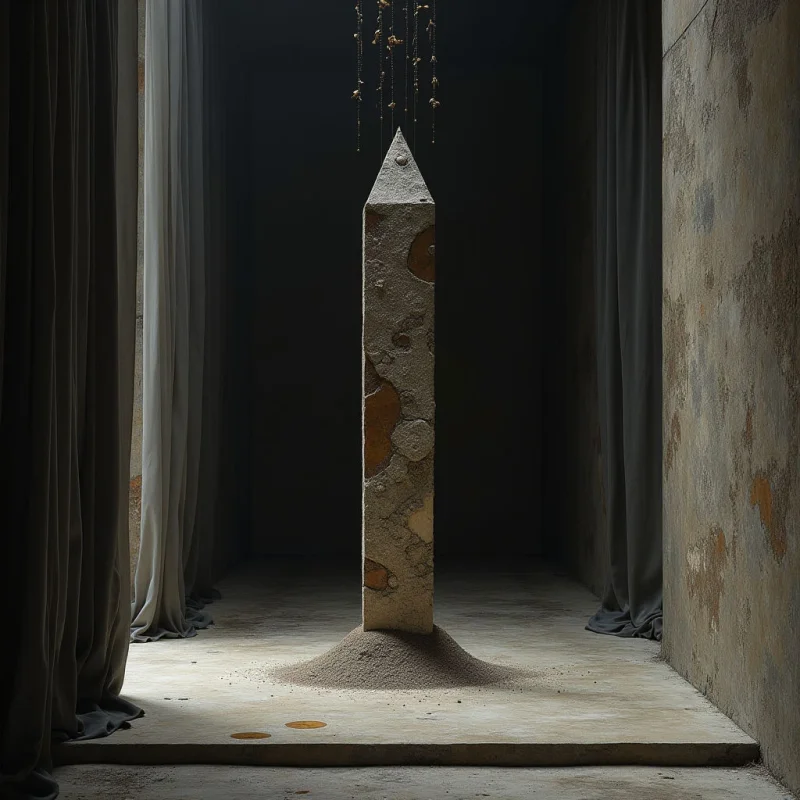 A tall, slender stone obelisk with a pointed top stands centrally in a dimly lit corridor, rising from a small mound of sand on the floor. The composition is framed by heavy, draped curtains in muted grey and earthy tones, set against textured walls with weathered, mottled surfaces. Soft light filters from above, casting subtle shadows and highlighting the rough, granular textures of the stone and sand.